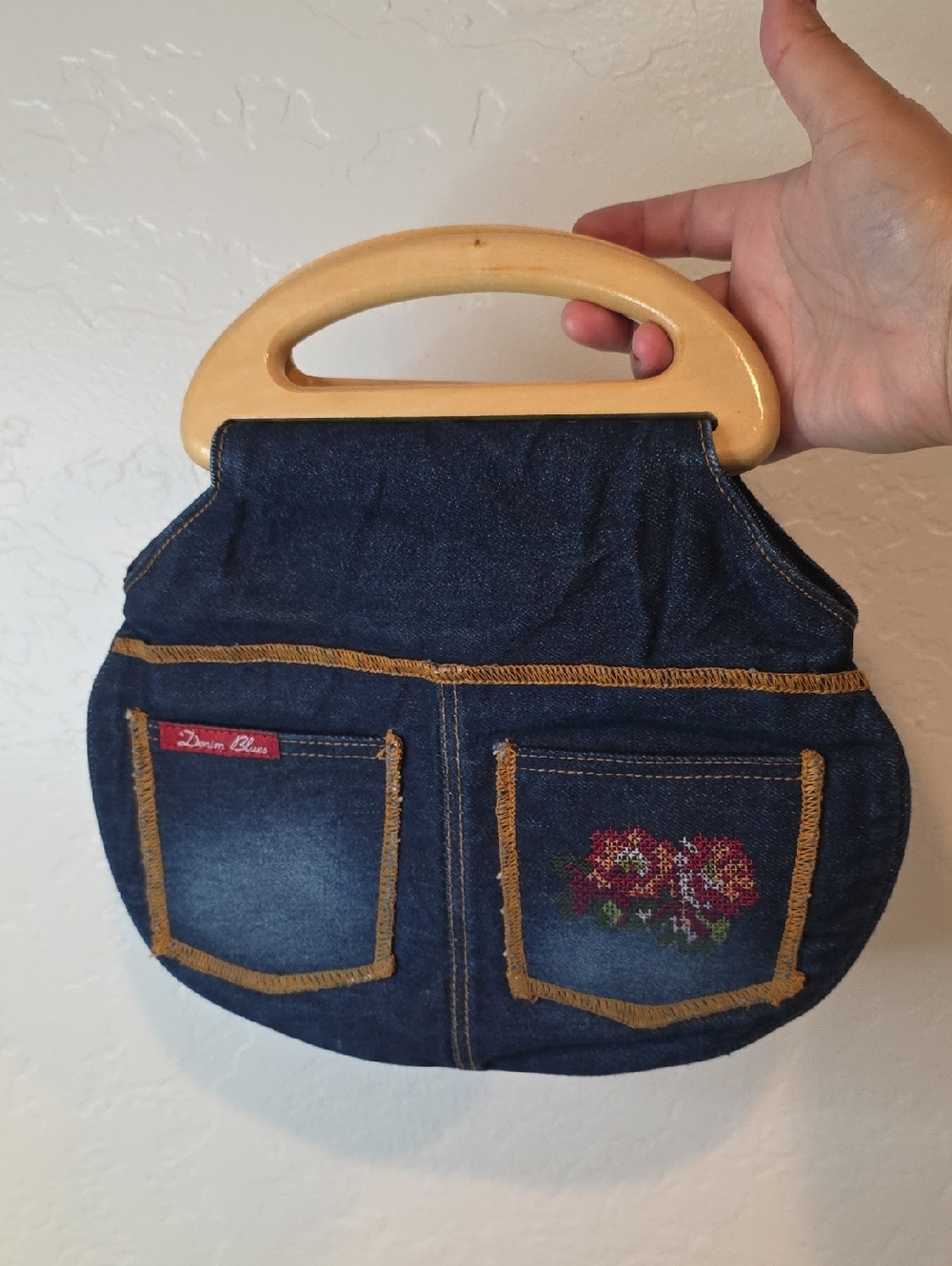 Denim Chic Navy Floral Pocket Handbag with Wooden Handle